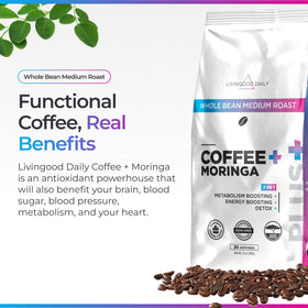 Livingood Daily coffee moringa powder boosts flavor with green superfood notes.