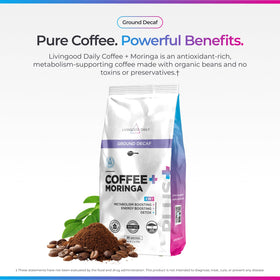 Livingood Daily decaf coffee grounds with moringa for steady daytime focus