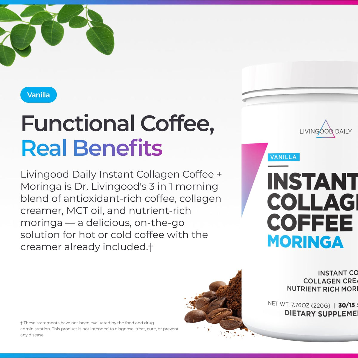Livingood Daily collagen coffee in a hot cup demonstrates ready-to-drink convenience.