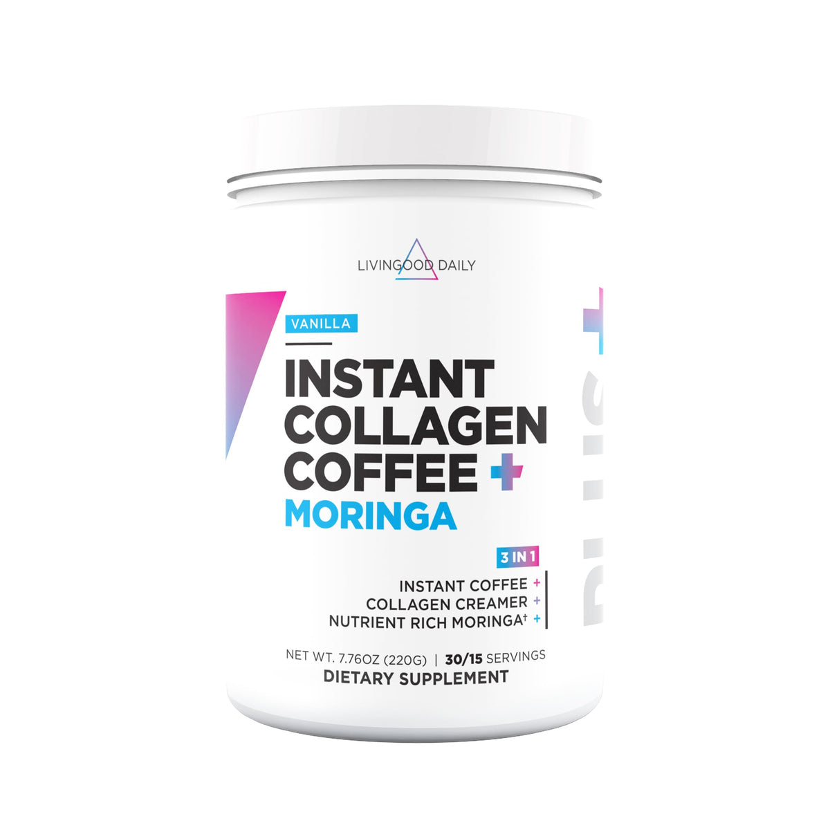 Livingood Daily Instant Collagen Coffee with Moringa packaging highlights convenient mornings.