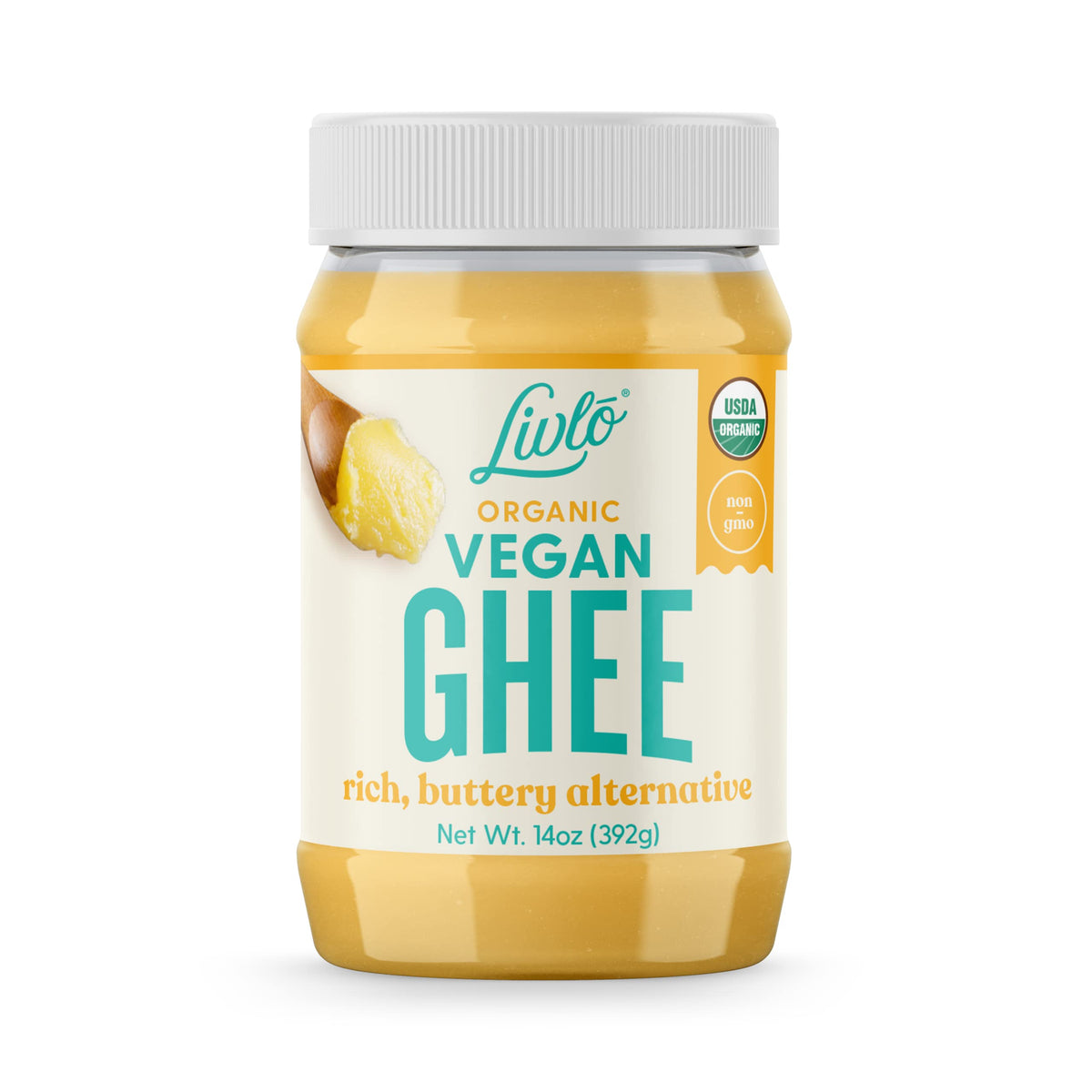 LIVLO Vegan Ghee bottle pouring, ideal for high-heat sautéing.