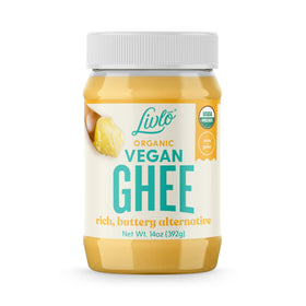 LIVLO Vegan Ghee bottle pouring, ideal for high-heat sautéing.