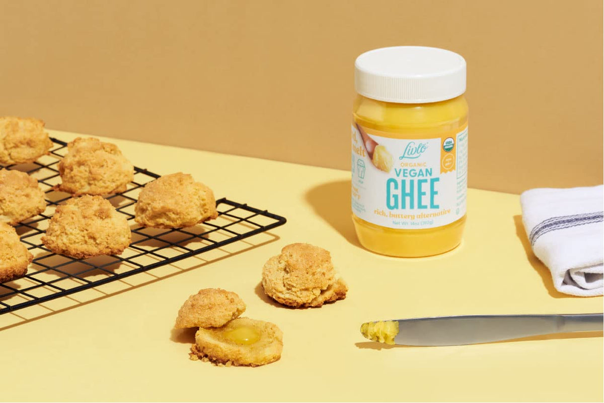 LIVLO Vegan Ghee in pantry storage, shelf-stable convenience.