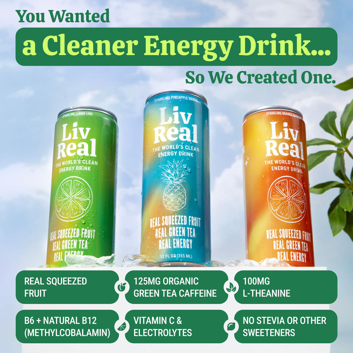 Liv Real Clean Energy Drink bottle in Pineapple Guava flavor for on-the-go stamina.