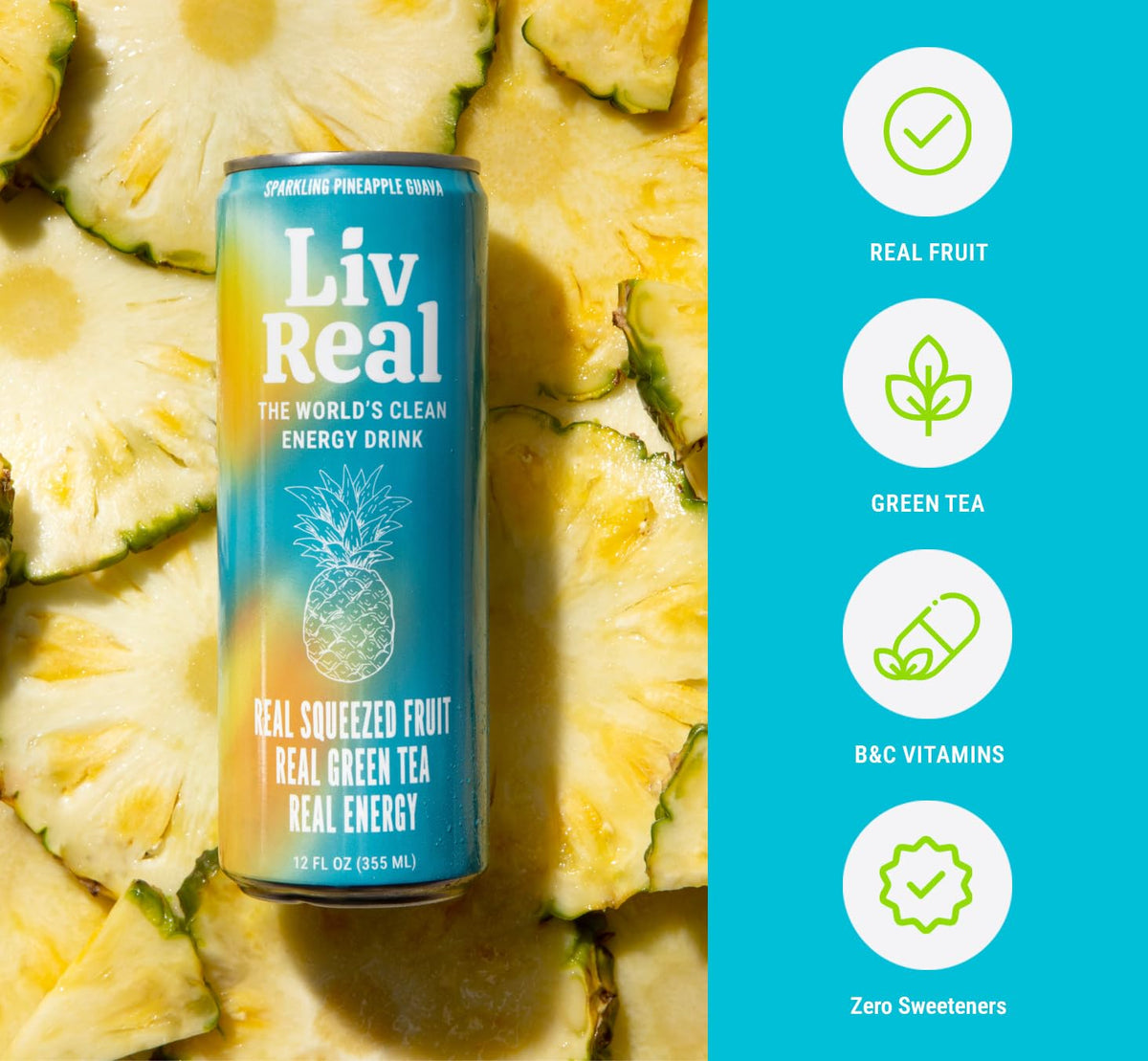 Liv Real vitamin label highlighting B complex and vitamin C for energy metabolism.