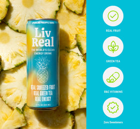 Liv Real vitamin label highlighting B complex and vitamin C for energy metabolism.