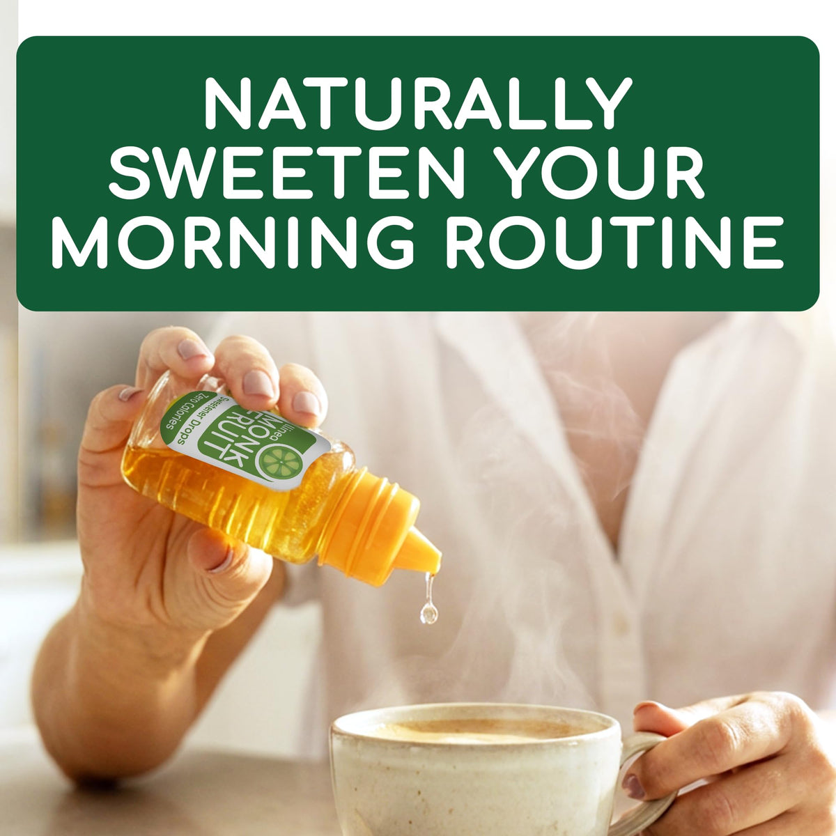 llinea Monk Fruit Drops bottle with smoothie idea on counter