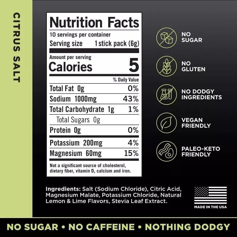 LMNTs Zero-Sugar Citrus Salt sachets for easy, sugar-free electrolyte packets on the move.