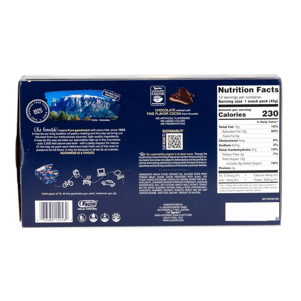 Loacker Classic Chocolate Wafers come in a box of 12 snack packs.