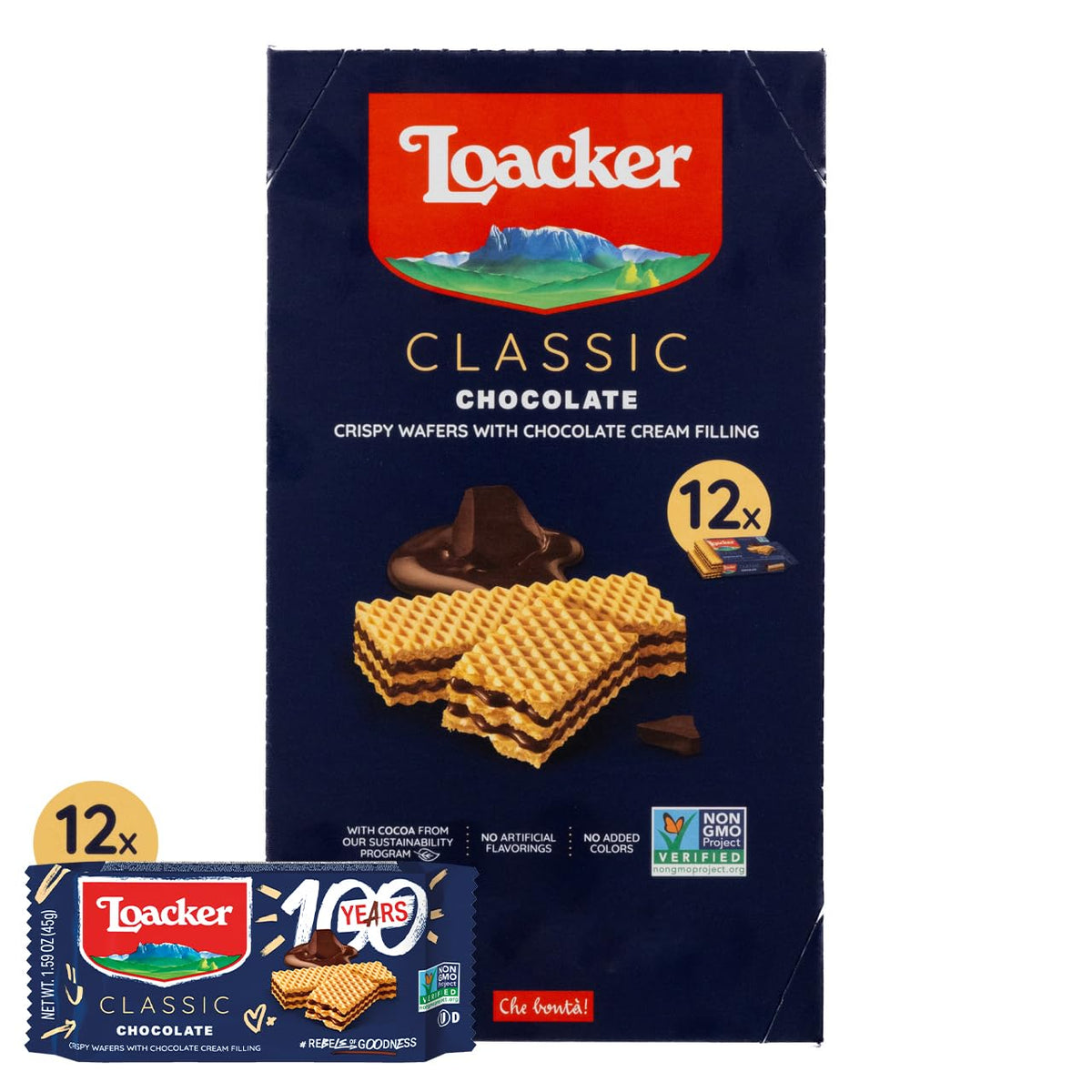 Loacker Classic Chocolate Wafers box pack shown for convenient snacking on the go.