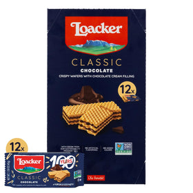 Loacker Classic Chocolate Wafers box pack shown for convenient snacking on the go.