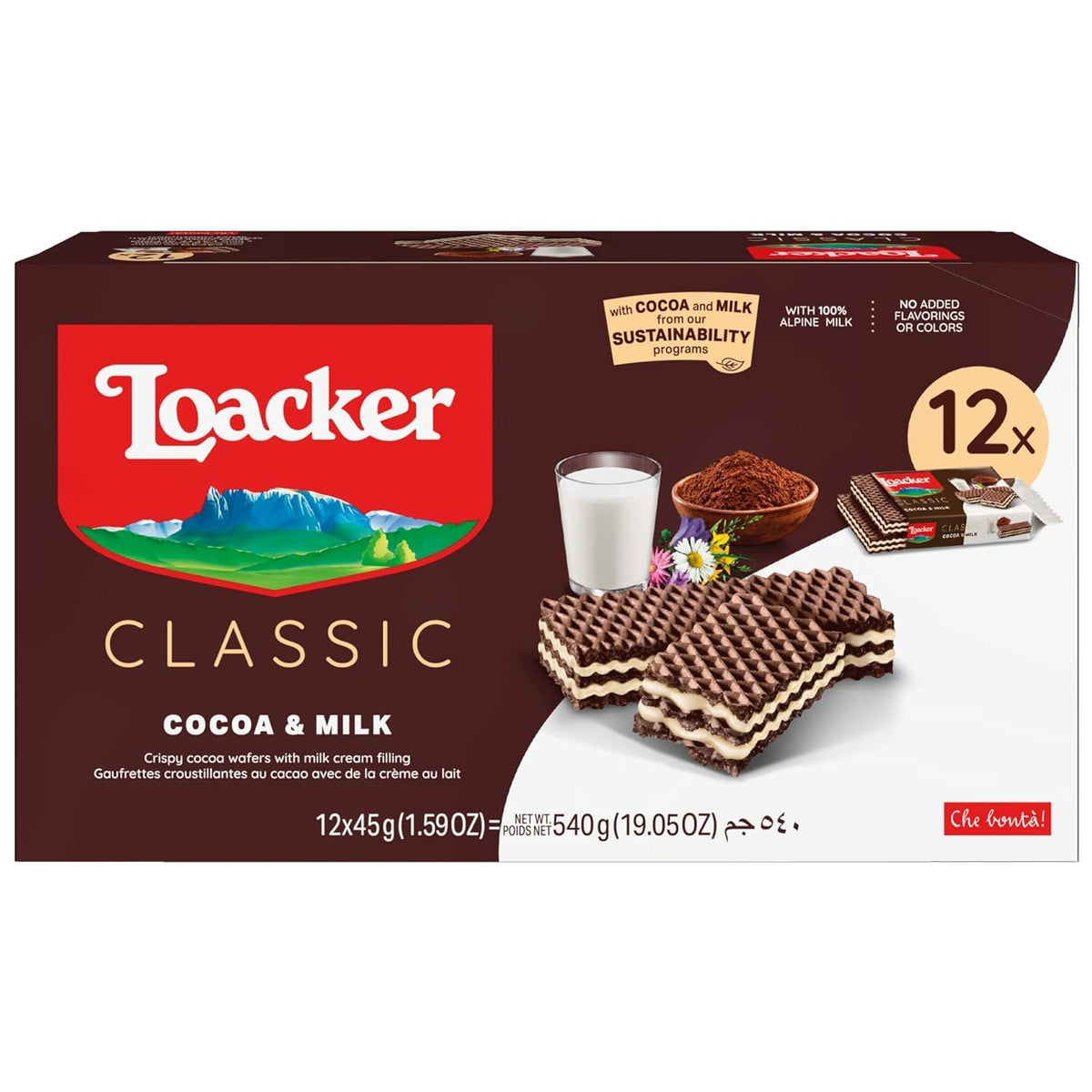 Loacker Classic Cocoa & Milk wafers collection shows crisp layers and creamy filling for a tasty snack.