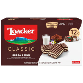 Loacker Classic Cocoa & Milk wafers collection shows crisp layers and creamy filling for a tasty snack.