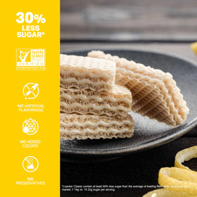 Loacker premium crispy wafers: non-GMO ingredients, natural lemon flavor, and kosher-certified quality.