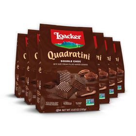 Loacker Quadratini Double Choc pack shot with resealable bags for freshness