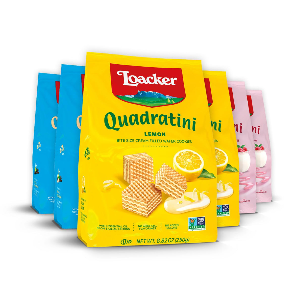 Loacker Quadratini fruity pack lemon wafer close-up, a crisp, refreshing snack for breaks.