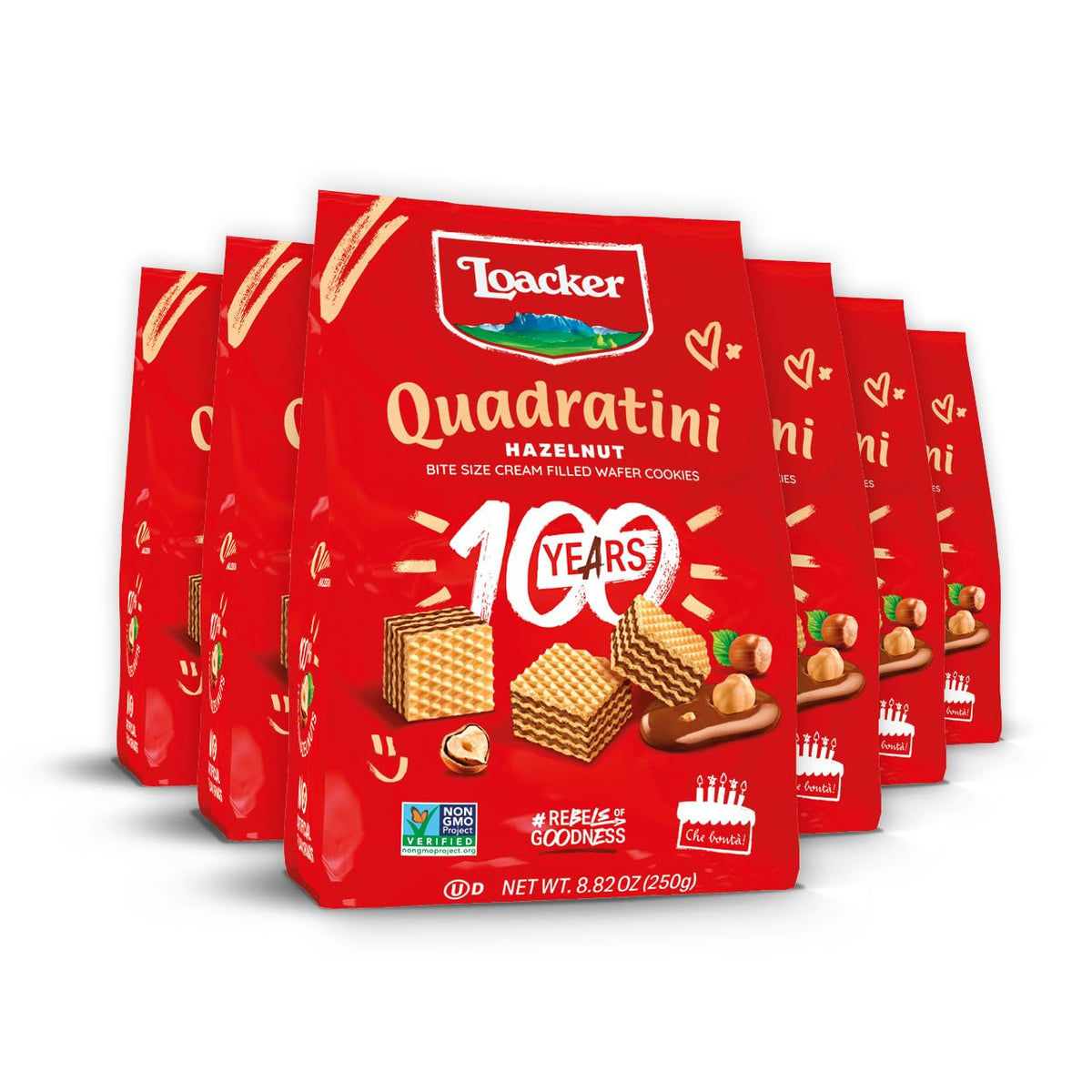 Loacker Quadratini Hazelnut wafers pack with 65 bite-size cookies, perfect for sharing.