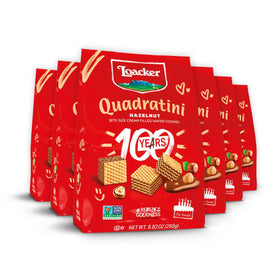 Loacker Quadratini Hazelnut wafers pack with 65 bite-size cookies, perfect for sharing.