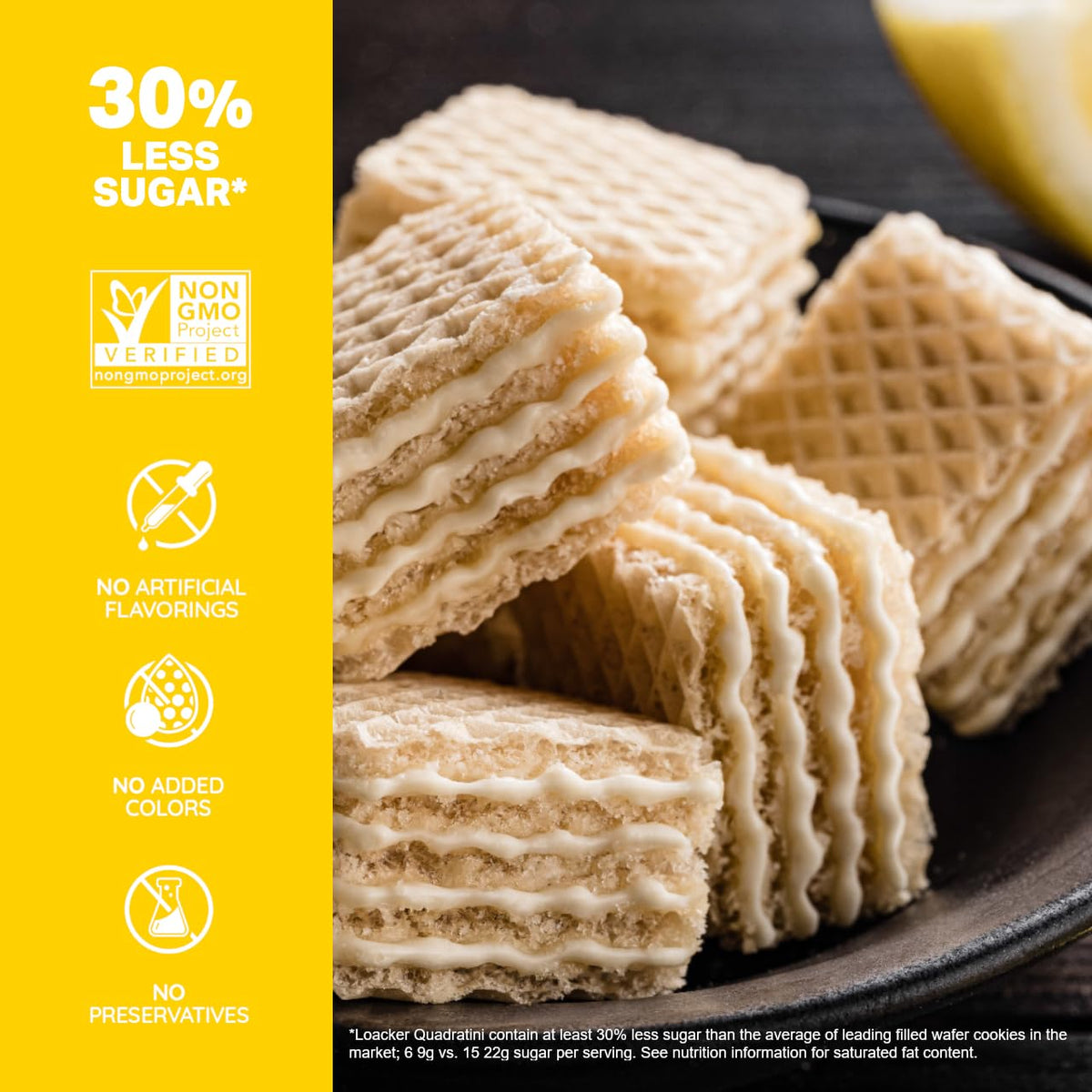 Loacker Quadratini Lemon resealable pouch keeps cookies fresh and crispy.