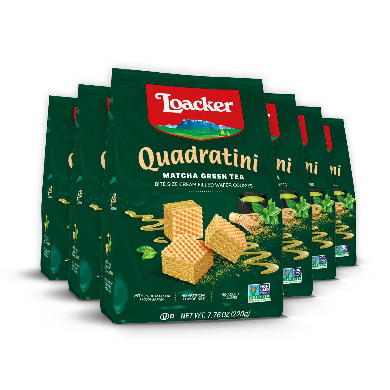 Loacker Quadratini Matcha bite-size wafers, crisp snack perfect for tea time.