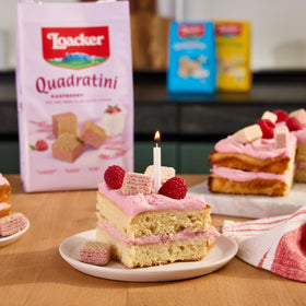 Loacker Quadratini Raspberry Yogurt bite-size texture close-up