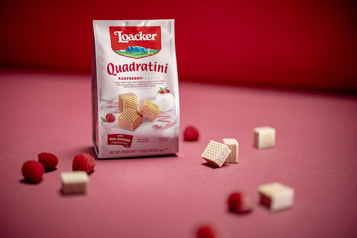 Loacker Quadratini Raspberry Yogurt on picnic table