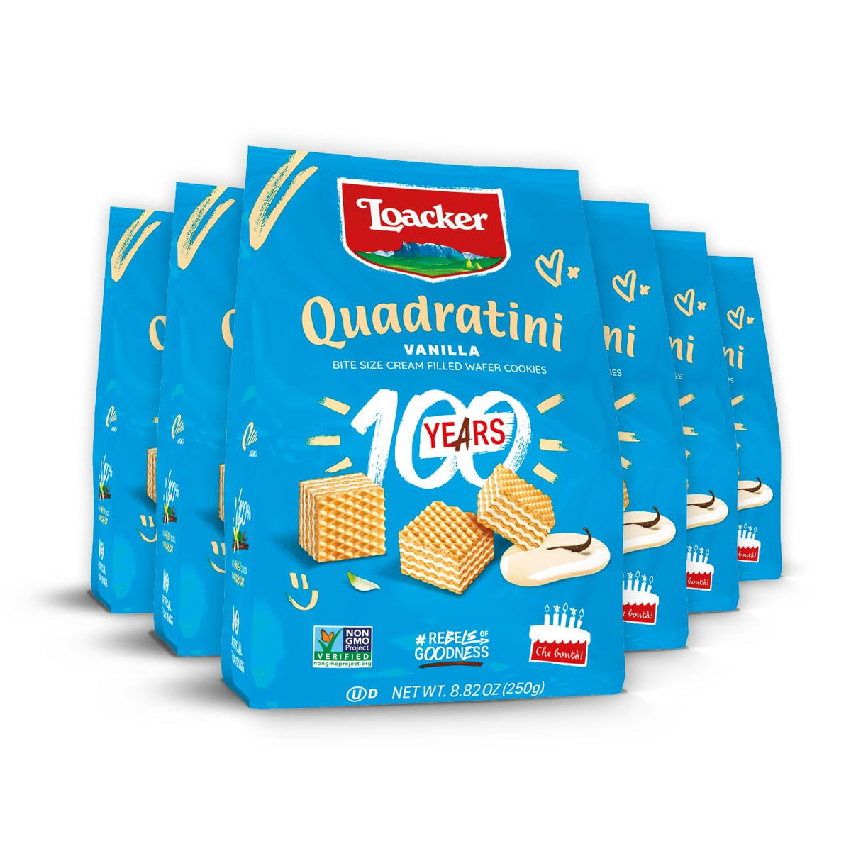 Loacker Quadratini Vanilla wafer bites in a resealable bag for quick, crispy snacking.