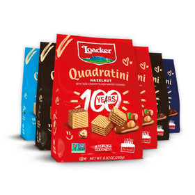 Loacker Quadratini hazelnut wafers in a resealable pouch, ideal for sharing.