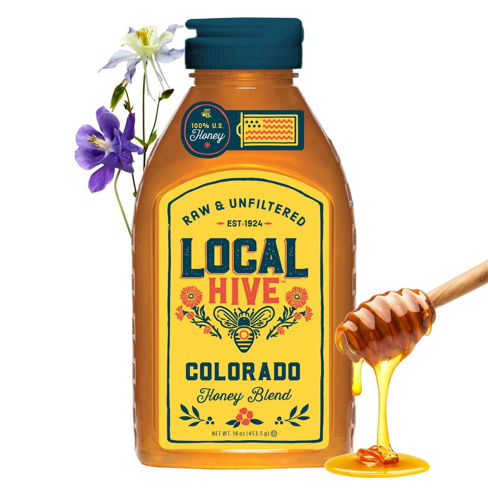 Local Hive Colorado Honey bottle closeup shows rich color for drizzling.