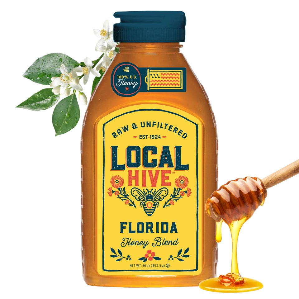 Local Hive Florida Honey bottle label, showcasing raw sweetness ideal for breakfast and tea.