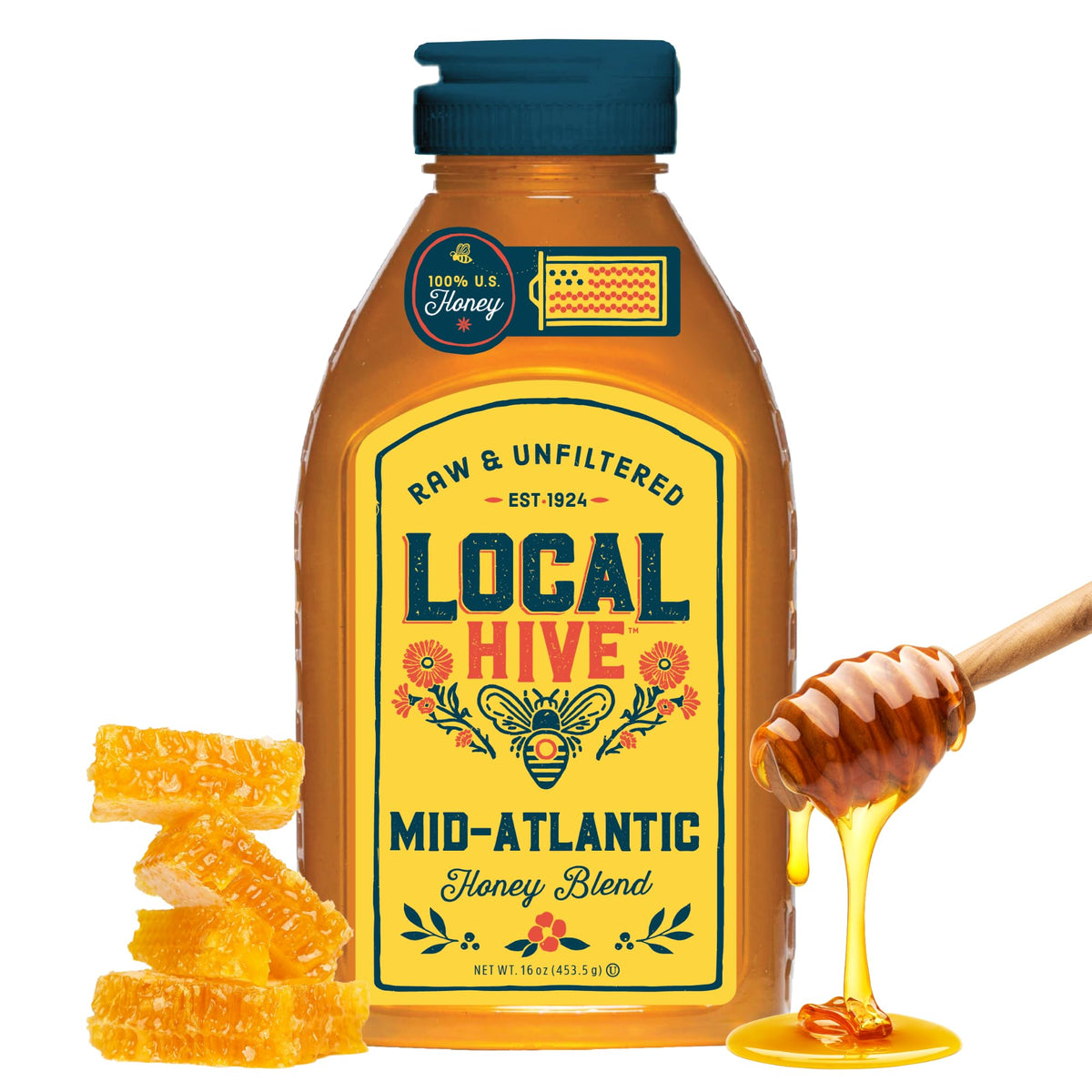 Local Hive Mid-Atlantic raw honey bottle showing rich color for drizzle
