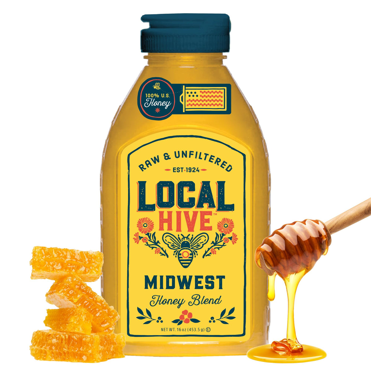 Local Hive Midwest Honey bottle, 100% pure US honey for natural sweetness.