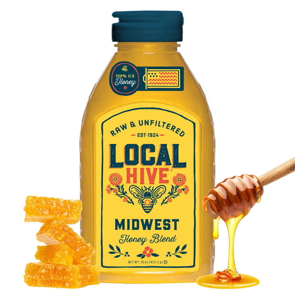 Local Hive Midwest Honey bottle, 100% pure US honey for natural sweetness.