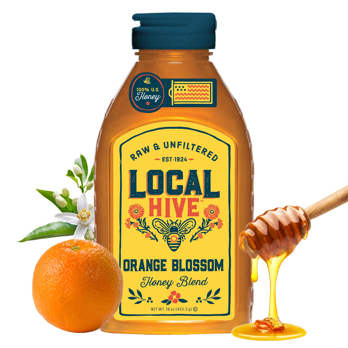 Local Hive Orange Blossom Honey bottle on a kitchen counter showing bright citrus flavor for tea