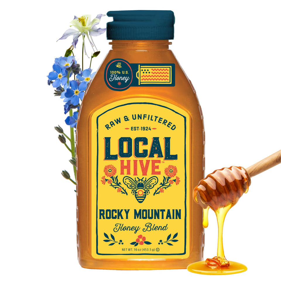 Local Hive Rocky Mountain honey jar front showing amber color for everyday sweetness.