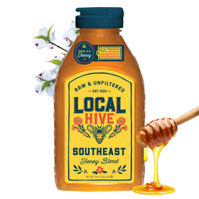 Local Hive Southeast Honey bottle on a kitchen counter, ideal for tea sweetness.