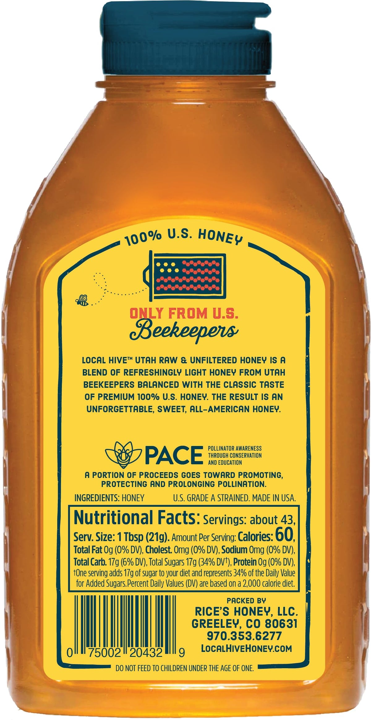 Local Hive Utah Honey bottle close-up, unfiltered sweetness preserved from hive to bottle.