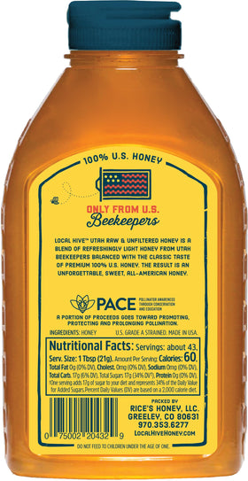 Local Hive Utah Honey bottle close-up, unfiltered sweetness preserved from hive to bottle.