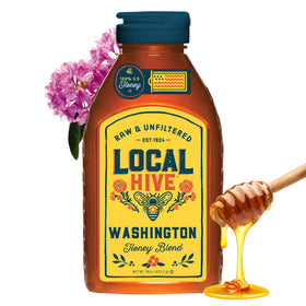 Local Hive Washington Honey bottle showing bold, nutty flavor from raw, unfiltered honey.