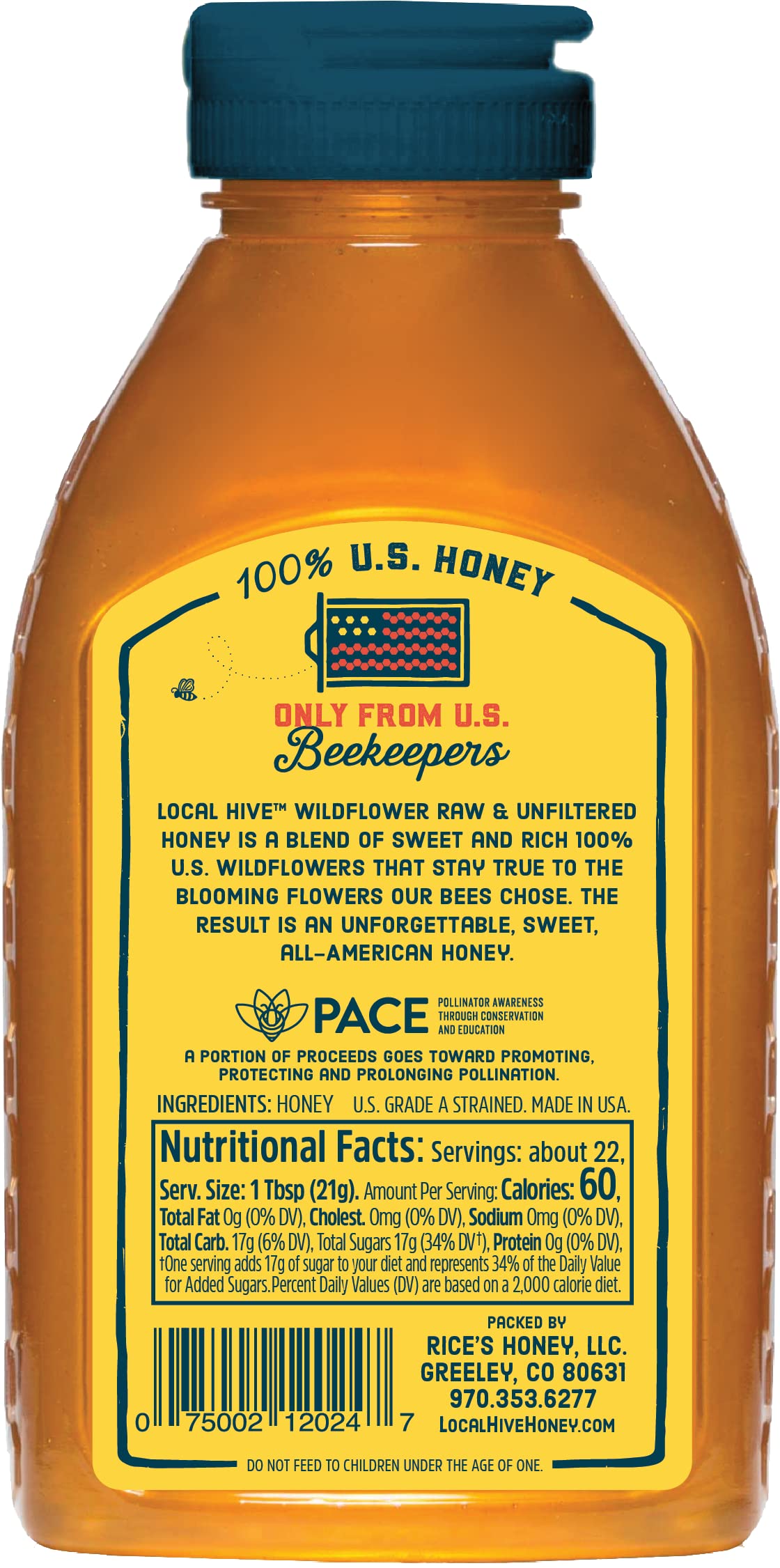 Local Hive Wildflower honey bottle back with label and 16 oz packaging