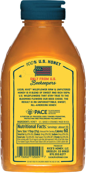 Local Hive Wildflower honey bottle back with label and 16 oz packaging