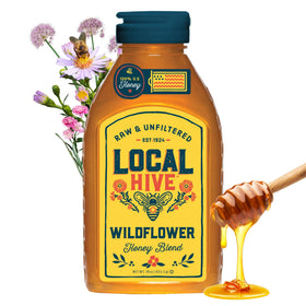Local Hive Wildflower honey bottle front view, rich flavor in tea
