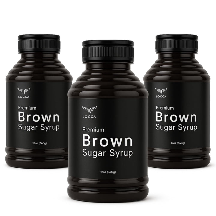 Locca Brown Sugar Syrup bottle pour adds warm caramel flavor to drinks.