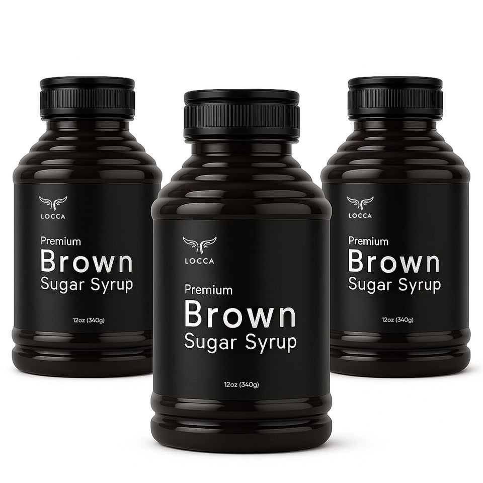 Locca Brown Sugar Syrup bottle pour adds warm caramel flavor to drinks.