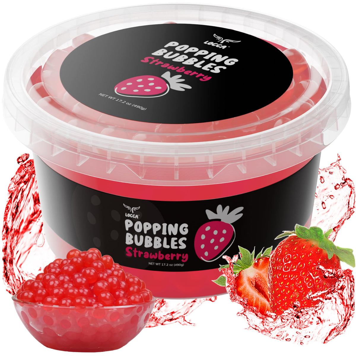 Locca Strawberry Popping Boba Pearls bursting with real fruit juice for vibrant drinks.