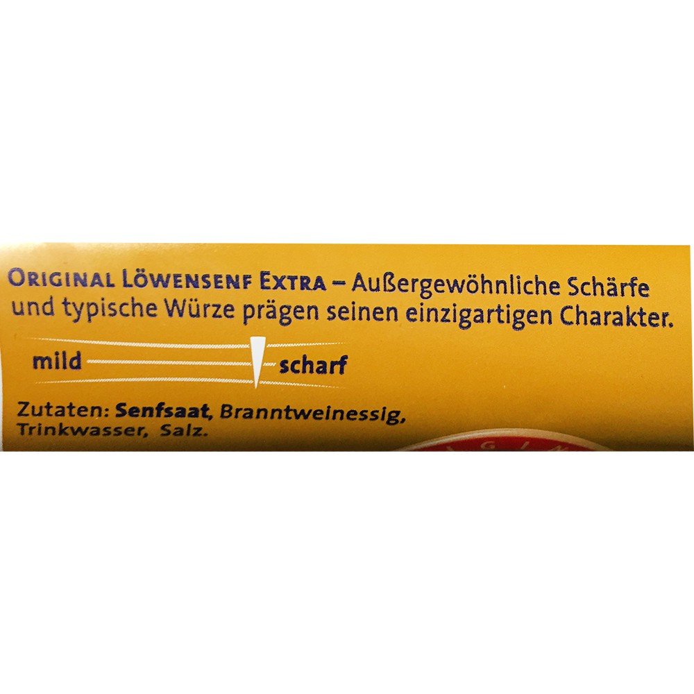 Loewensenf extra hot packaging front view signaling authentic German mustard