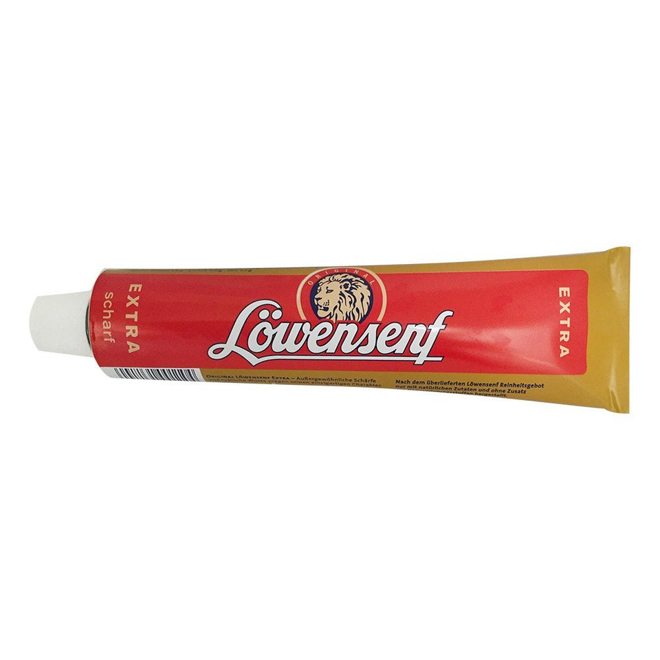Loewensenf extra hot mustard tube close-up for bold sandwiches
