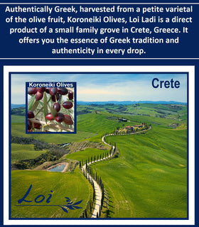 Loi Ladi Koroneiki olives closeup emphasizing small-farm Greek origin and flavor