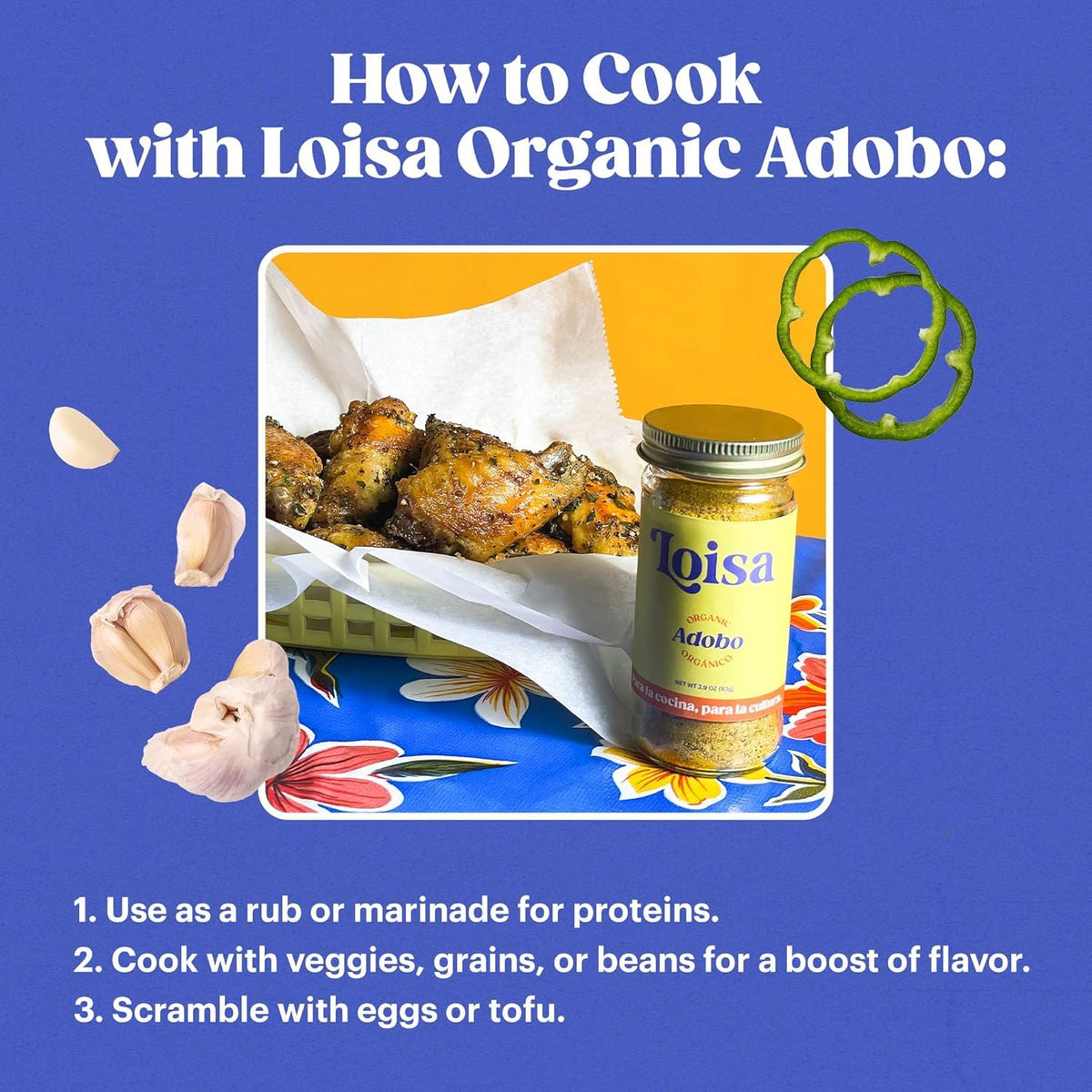 Loisa Adobo ingredients label highlights organic spices with no artificial additives.