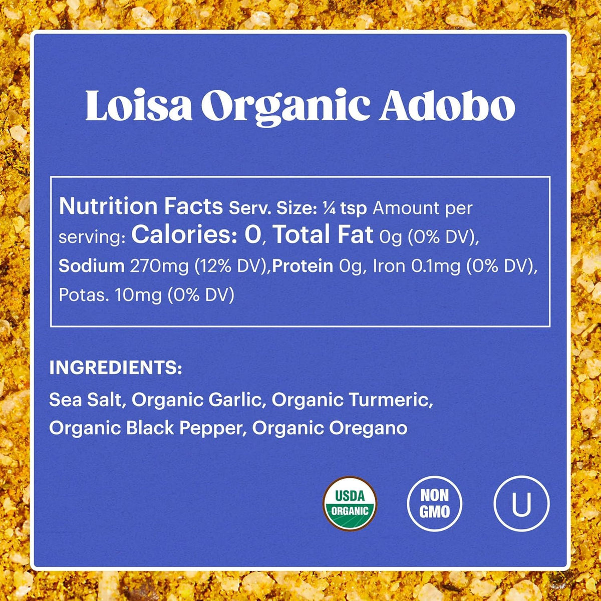Loisa Adobo Organic spices close-up showing garlic, turmeric, oregano for authentic color.